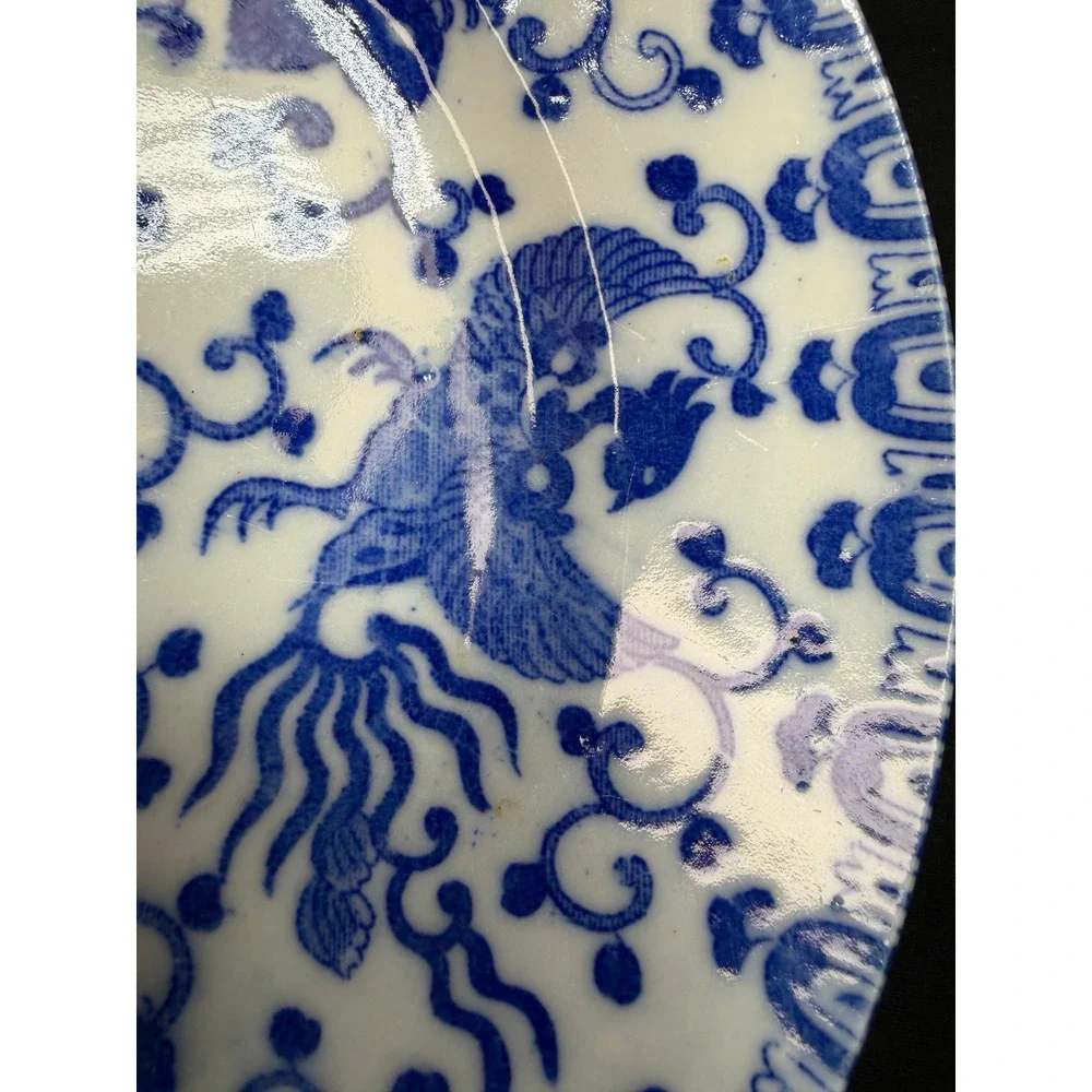 Vintage Blue and White Japanese Porcelain Phoenix Floral Transferware Plate 7